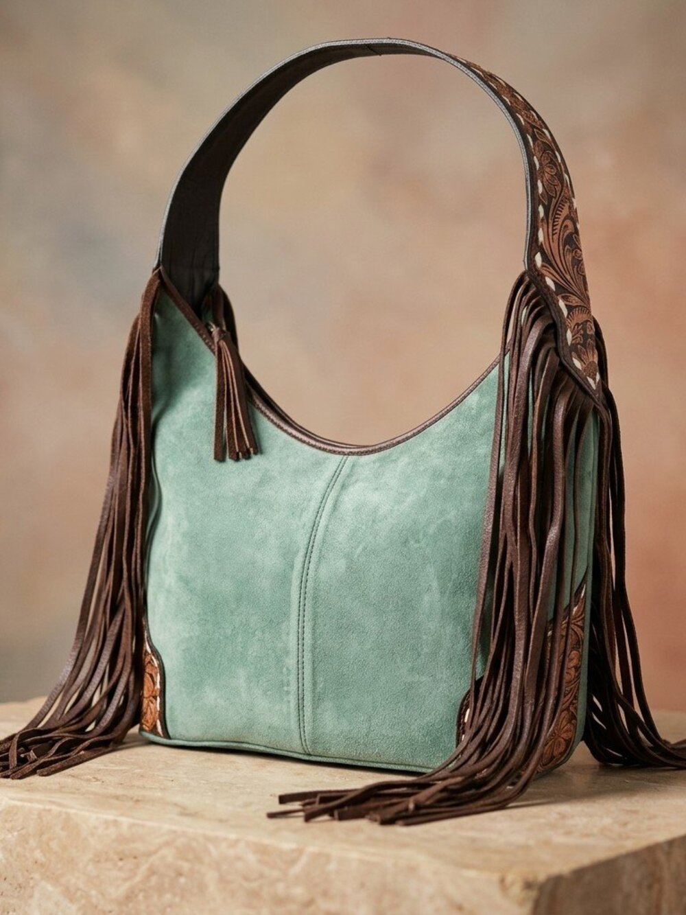 American Darling Turquoise Skys Boho Fringe Suede Shoulder Bag - Picture 8 of 8